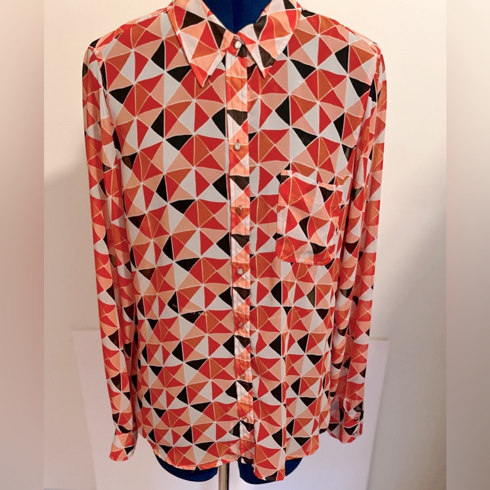 LIZ CLAIBORNE SHEER GEOMETRIC PRINT BUTTON DOWN BLOUSE WOMEN’S SZ L